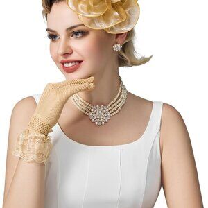 Fascinators Hat and Gloves Set Women Feather Organza Tea Derby Wedding
